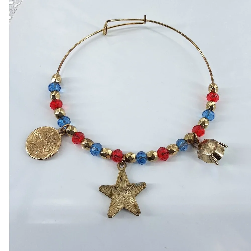 Patriotic Gold Tone Charm‎ Bangle Bracelet Red Blue Beads Star Heart AB Crystal